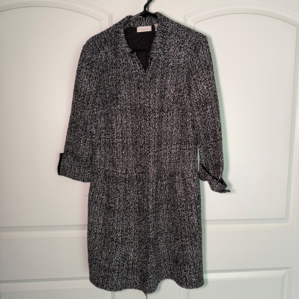 Chicos Travelers Black White Textured Knit Button Front Jacket Size 1 M